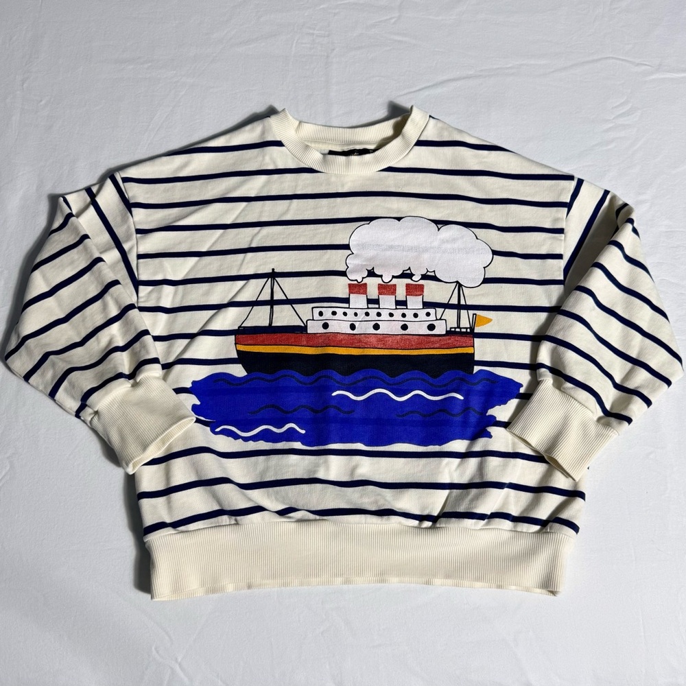 Mini Rodini Ferry Stripe Sweatshirt Boys 7-9 Y Cream Navy Striped Boat Crewneck